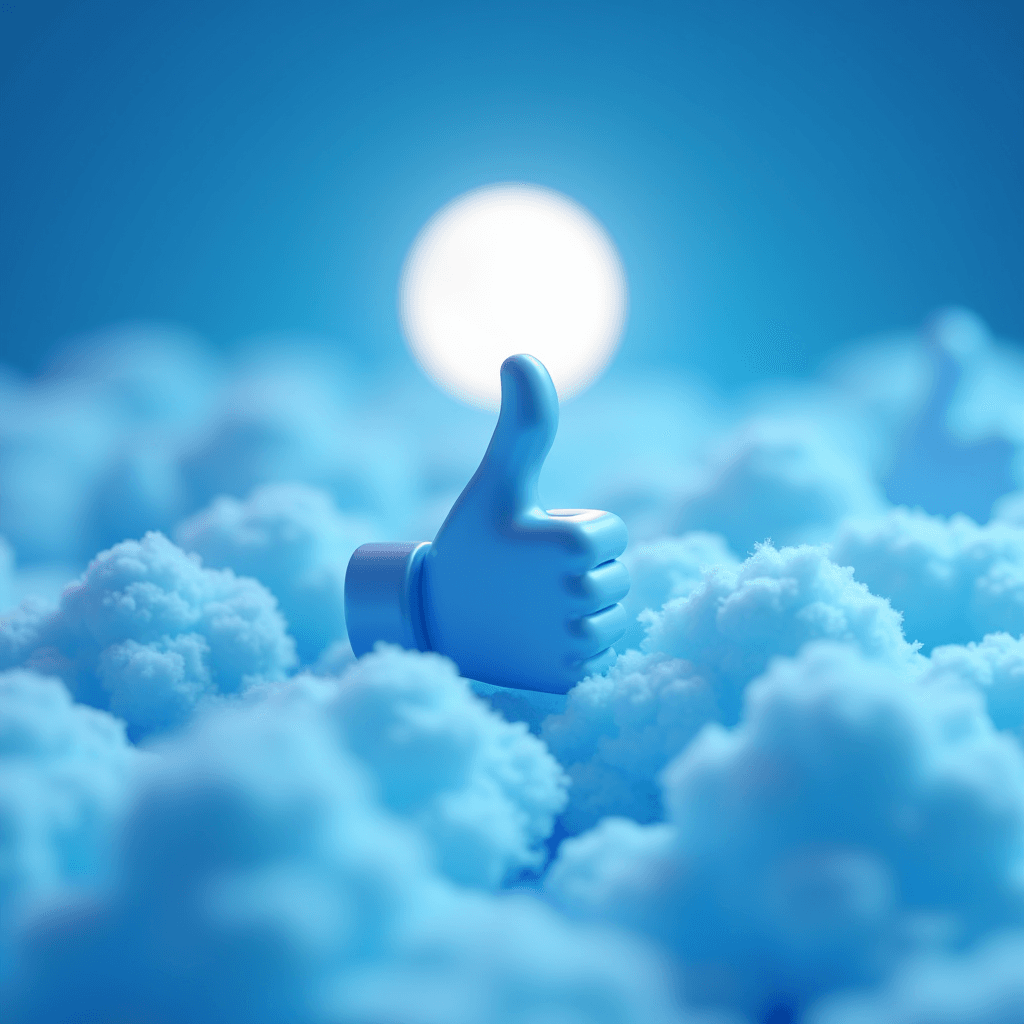 The image depicts a surreal, dream-like scene where a blue thumbs-up symbol emerges from a bed of fluffy, light blue clouds. The background is a gradient of deep blue, creating a sky-like atmosphere. The scene is illuminated by a bright white sphere resembling a sun or moon placed centrally at the horizon. The overall aesthetic is calm and whimsical, with a focus on positive and uplifting vibes.