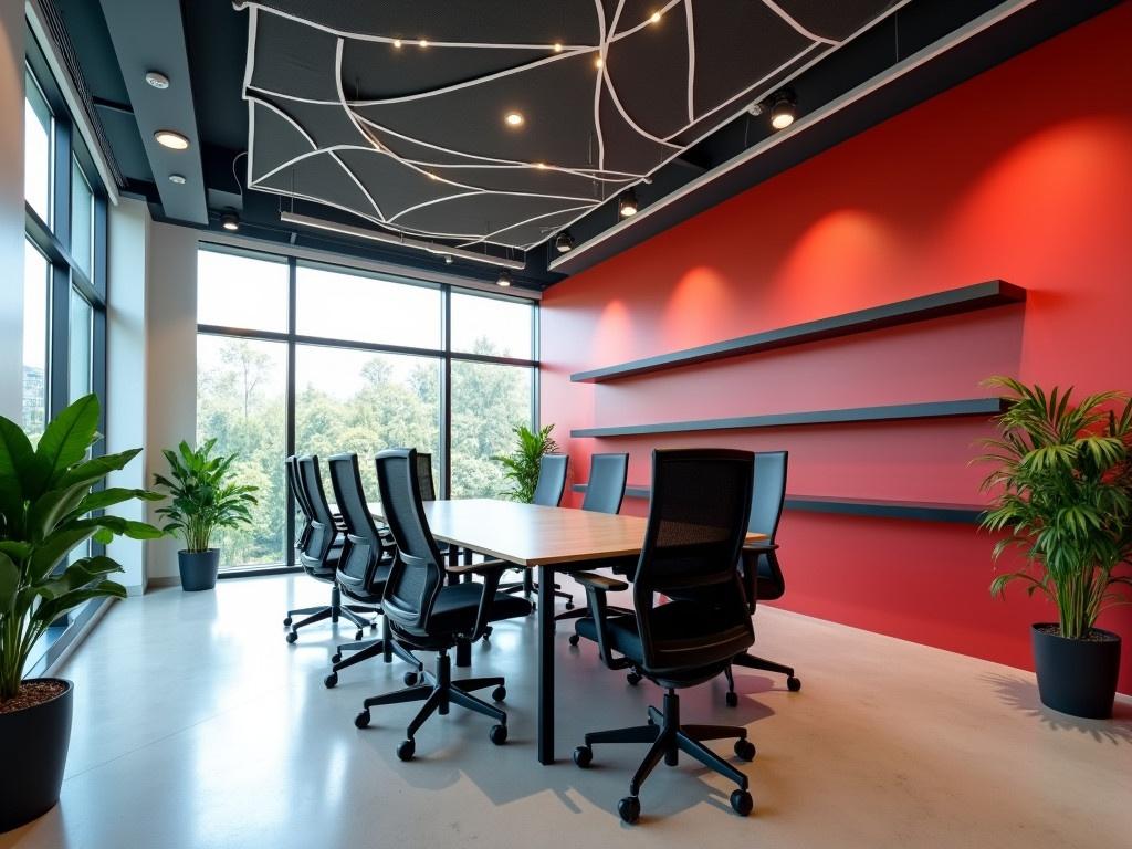 The image depicts a modern office space. There is a large table surrounded by several black office chairs, indicating a meeting area. On one side, a striking red wall adds a splash of color to the otherwise neutral tones. The ceiling features a unique design with recessed lights that provide ample illumination. Several indoor plants are strategically placed around the room, adding a touch of greenery to the office. Large windows allow natural light to flood the space, making it feel open and airy. Shelves installed on the red wall serve for storage or display purposes.