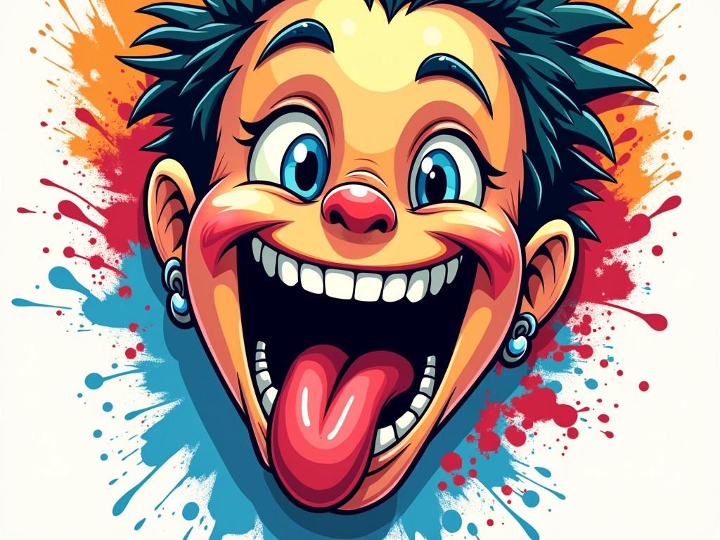 This image showcases a vibrant and colorful illustration of a face with an exaggerated expression of joy and fun. The character has a wide-open mouth that reveals a big smile filled with sharp teeth, and a long tongue that playfully hangs out. The design is heavily stylized with bold colors like red, blue, and yellow splashes surrounding the face, creating a dynamic and energetic look. The character has piercings in their ears, adding to its edgy aesthetic. Overall, the artwork captures a sense of celebration and lively spirit.