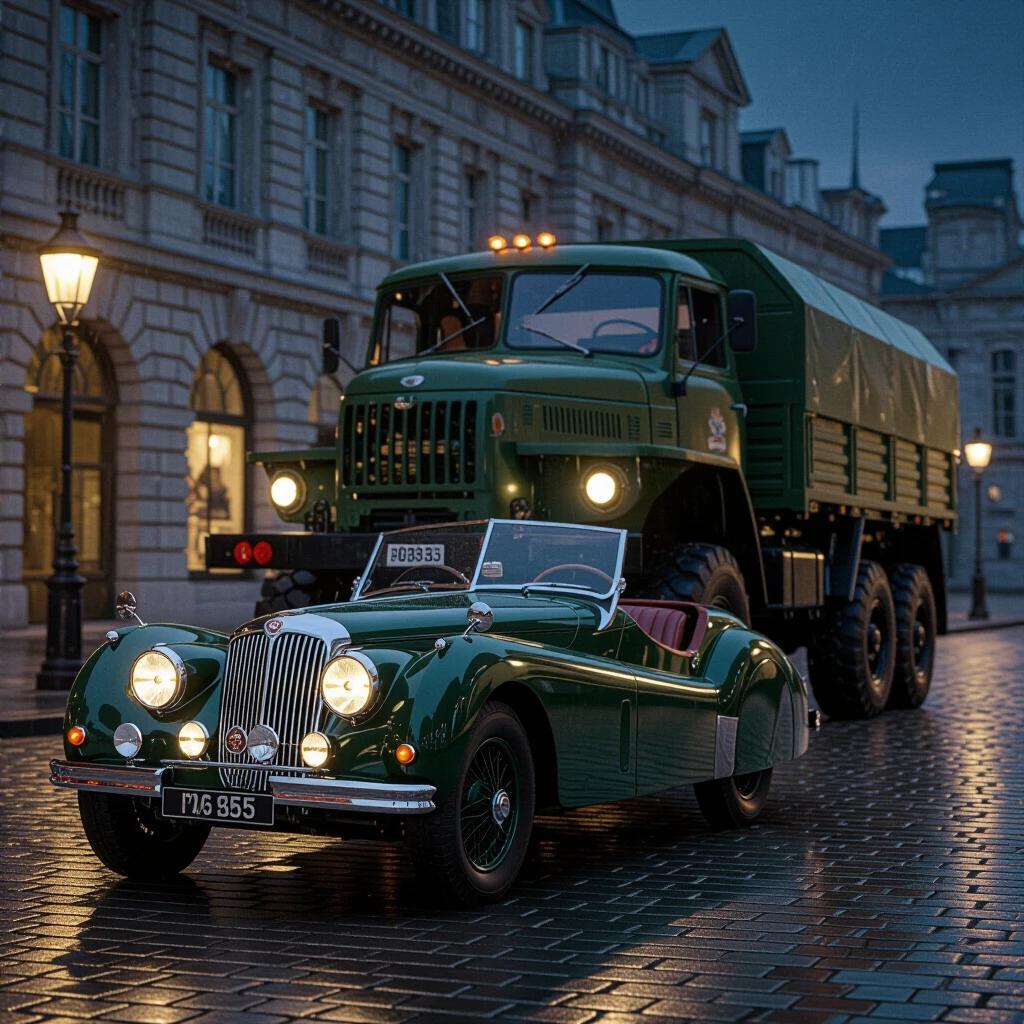 Photorealistic depiction of a 1938 Jaguar SS100 parked in British Racing Green with headlights off. Classic car dominates foreground against a colossal Soviet military truck with blazing blue headlights. Nighttime setting with rain-slicked cobblestones. Ultra-sharp focus highlights raindrops and rust flakes. Shot from ground level at a 15-degree Dutch angle. Truck's beams reflecting on classic car. Ambient light creates tension.