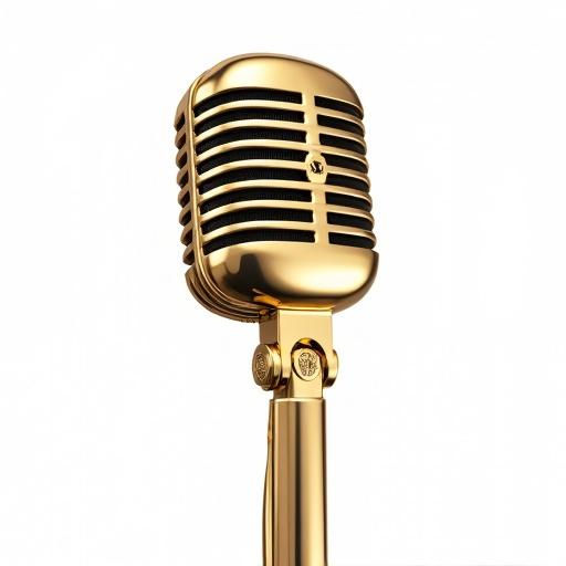 A gold vintage microphone with shiny chrome texture is isolated on a pure white background. It appears photorealistic with detailed reflections. The microphone is shown from a front view and floats slightly above the surface with a subtle shadow. The image is of high resolution.