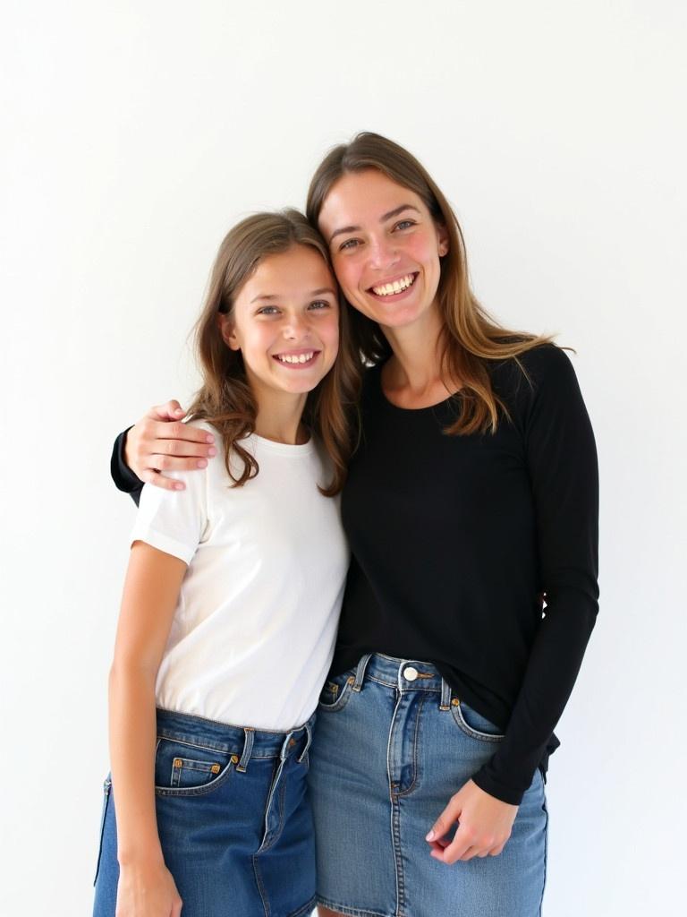 Mother stands smiling with daughter at her side. Mother wears black long-sleeved top. Mother wears denim skirt. Daughter wears white t-shirt. Daughter wears blue denim skirt. Close and happy. Plain white background provides clean look.