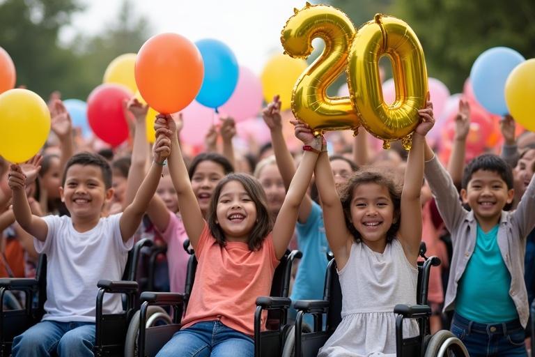 Many children are standing and celebrating. Some boys and girls are in wheelchairs. They are holding colorful balloons and a large inflatable number 20.