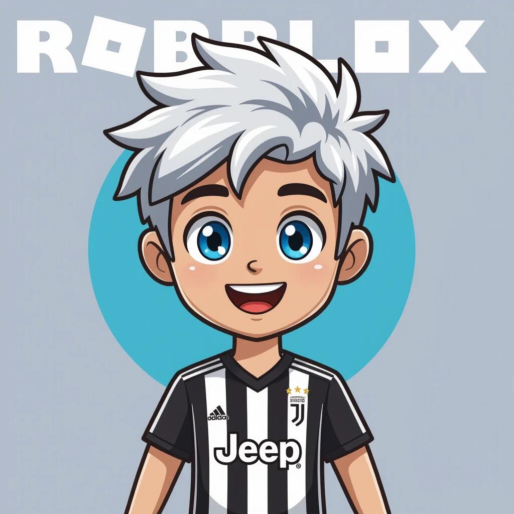Create a cartoon-style logo featuring character with messy white hair and Juventus jersey. Character has bright blue eyes and a friendly expression. Background should be a Roblox design. Use bold outlines and vibrant colors. Ideal for branding and avatars.