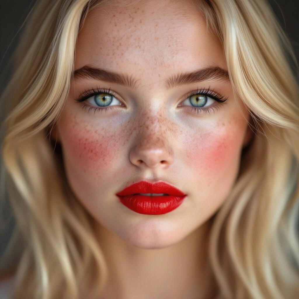 Extreme closeup shows a young blonde girl with freckles. This girl has red blushing cheeks and full red lips. Her expression is subtly fierce.