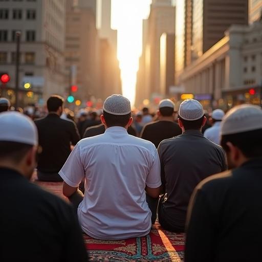 Muslims gathering for Jumah prayer in New York City. Group sitting on a large rug with a city skyline in the background. Sunset creating a warm glow. Participants wearing traditional caps and dress. City street filled with pedestrians. Emphasis on communal worship and cultural expression.