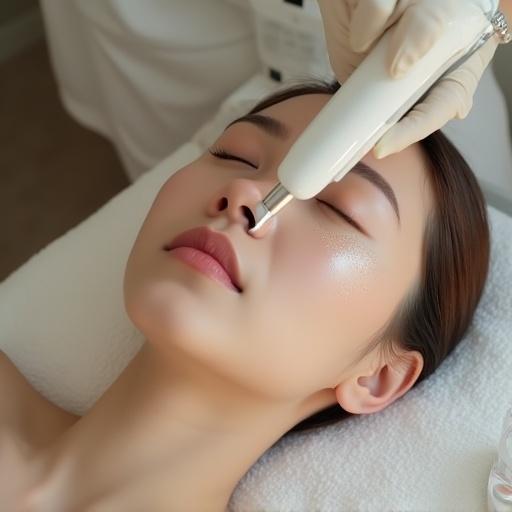 Medium shot of a Korean esthetician using a cold plasma wand on a young woman's cheek. The setting is a luxury skincare clinic with glowing skin. The atmosphere is relaxed, featuring a white and beige interior. Spa tools are on a sleek tray, illuminated by soft morning light. The image has a cinematic quality.