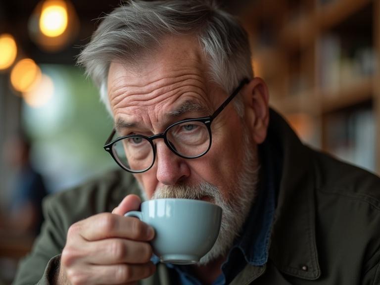 Close-up shot of a middle-aged man drinking coffee in a coffee shop. He appears sad and wears medical glasses. Soft and warm colors in the frame. Natural light highlighting his expression.