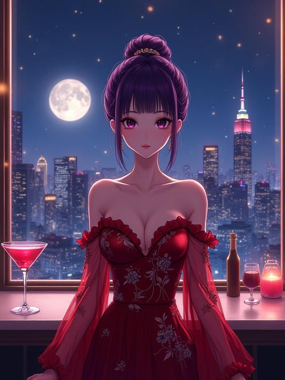 A woman stands gracefully in front of a large window. She has violet hair styled in an updo with kanzashi pins. A luxurious off-shoulder red gown with silver embroidery adorns her. She wears delicate earrings. A red cocktail is on the counter. A vibrant city skyline glows at night, with a full moon visible behind skyscrapers. The image shows a semi-anime aesthetic with dramatic lighting and romantic mood.