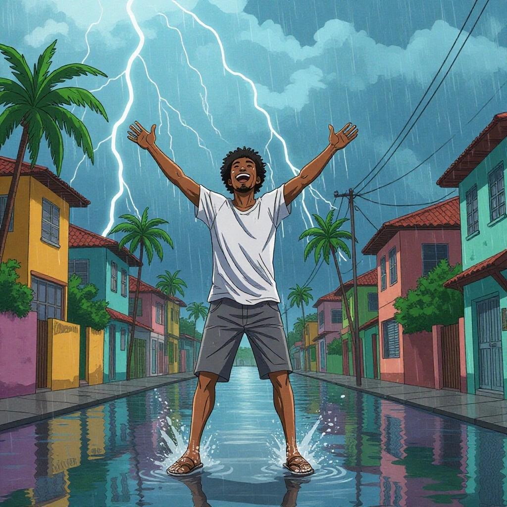 A Dominican man stands joyfully in a flooded street during heavy rain. Man has brown skin and curly black hair. He wears a soaked white shirt and gray shorts. Colorful Caribbean-style houses and palm trees are in the background. Water splashes around him as he laughs with arms raised. Lightning illuminates the stormy sky. Full color, anime manhwa style, expressive pose.