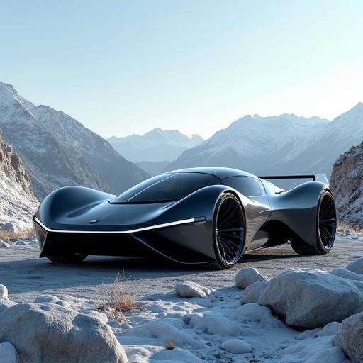Futuristic compact all-wheel drive car in a mountainous landscape. The car is sleek and modern with a black exterior. Snow-capped mountains rise in the background. Image taken with DSLR to capture realism.