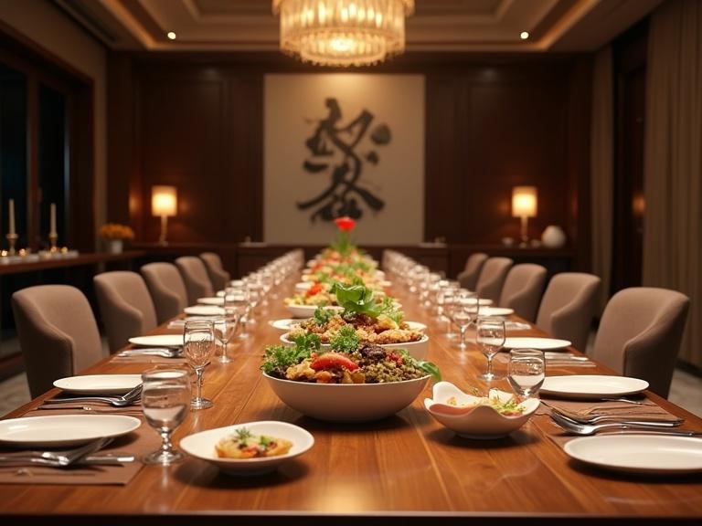 Elegant dining hall with luxurious food presentation on a long table. Soft lighting enhances the upscale atmosphere. Set for a group of diners.