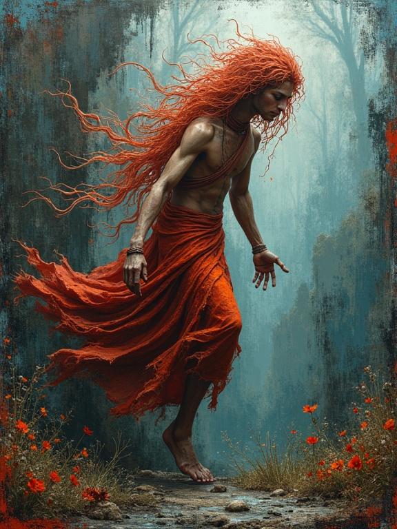 A mythical figure with long red hair wearing a flowing orange garment. The figure walks gracefully through a misty forest with a soft lighting effect. The surroundings include faint flora, enhancing the ethereal feel of the scene.