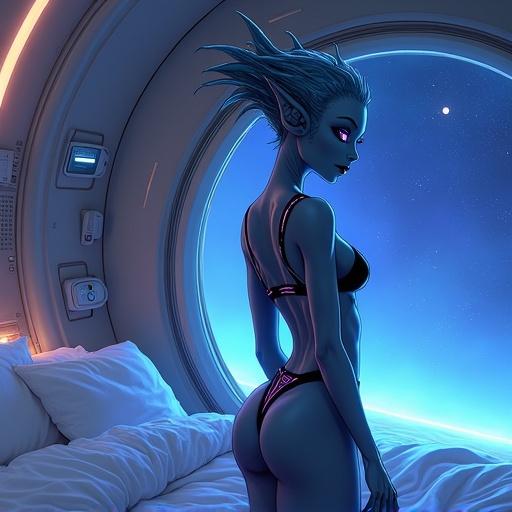 A graceful alien woman stands in a softly lit bedroom of a spaceship. The architecture is sleek and curved with glowing consoles. The window shows stars and a nebula. She has blue skin and glowing violet eyes, with elegant features, finned crests, and antennae. She is toned and feminine, wearing futuristic lingerie made from shimmering materials. The design blends elegance and sensuality. Her pose is relaxed yet confident, brushing her hair back or turning toward the window. The lighting is ambient in cool blues and soft purples. The style is modern comic book art.