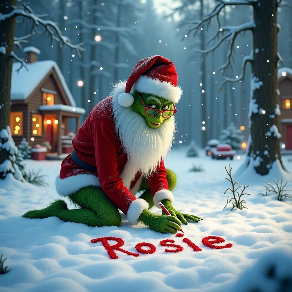 The Grinch kneels in a snowy forest writing the name 'Rosie' in the snow with a red marker. Snowflakes are falling around him. Cozy cottages with lights are in the background. This captures the Christmas spirit and a personal touch.