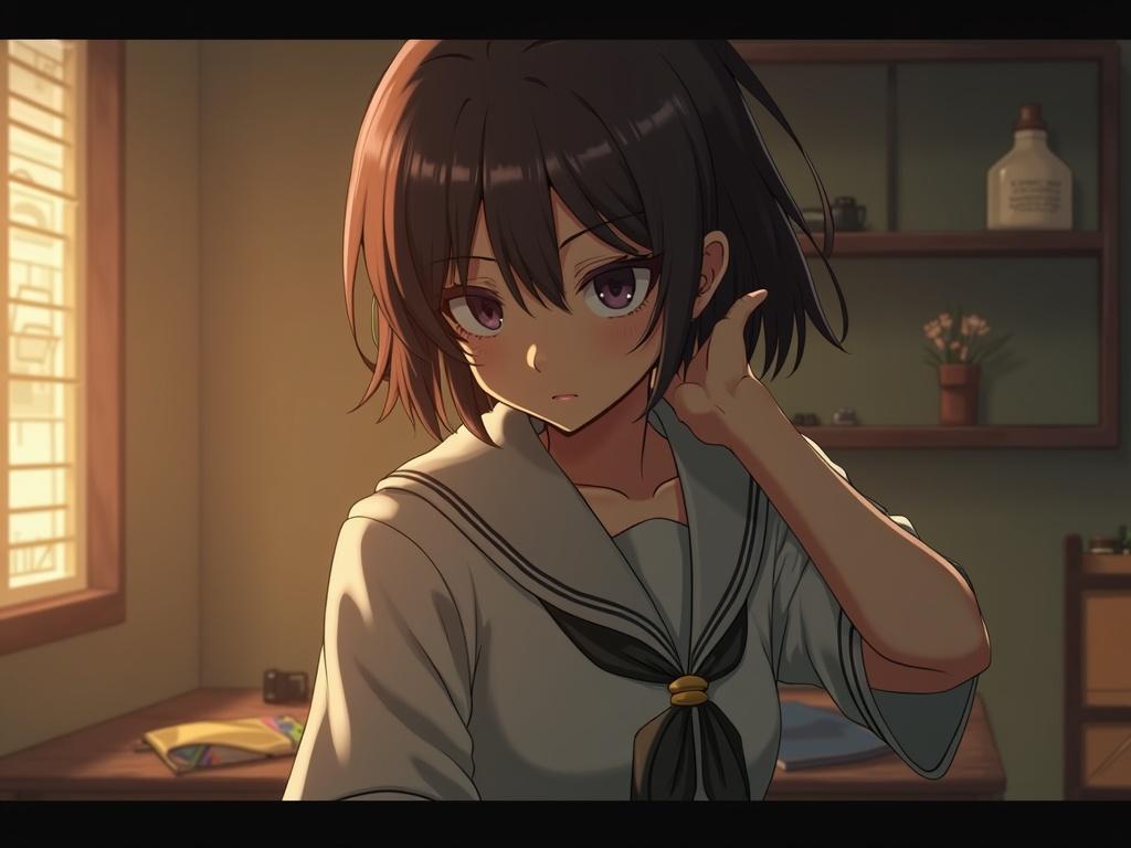Anime style illustration of a girl in a school uniform with a serious expression in a cozy room with soft lighting