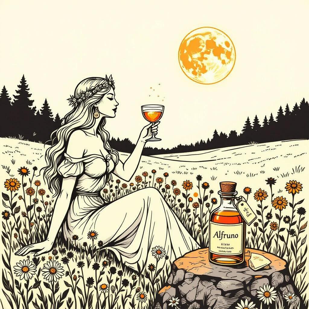 Line art of a Germanic goddess in a wildflower field. Goddess offers a toast to the moon with a cocktail glass. Alfruno elixir bottle on a mossy stone. Thick creme-white outlines against deep indigo background. Inspired by zen art and Aubrey Beardsley.