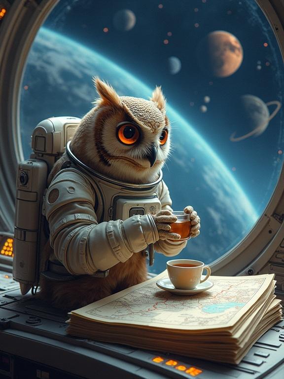 An owl dressed as an astronaut is sitting on celestial charts in a lunar space station. The owl is sipping tea from a floating teacup. Space is visible through a window, showcasing planets. The scene is vibrant and detailed, using a futuristic style.