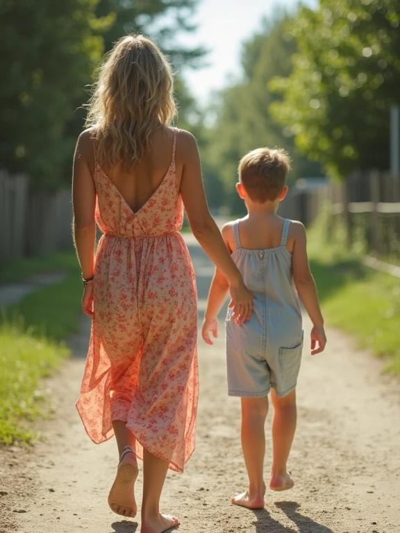 Mom walks with son down a dirt path. She wears a floral sundress. Son wears denim overalls. Scene captures warmth of a summer day. Sunlight filters through trees. Path is lined with greenery. They are enjoying outdoor time together.