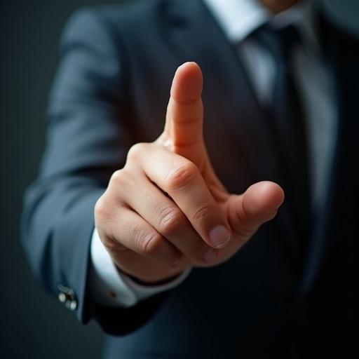 A close-up of a hand extending one finger forward. The hand is wearing a suit. The background is dark to emphasize the gesture.