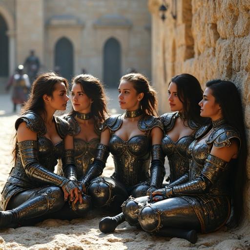 Female warriors wearing luxurious metal armor. Armor is revealing with black and gold colors. Warriors have model-like figures and soft European facial features. They sit in a stone-paved square. Some are drinking from coarse bottles and chatting. The background shows other warriors and old stone buildings in a fantasy setting.