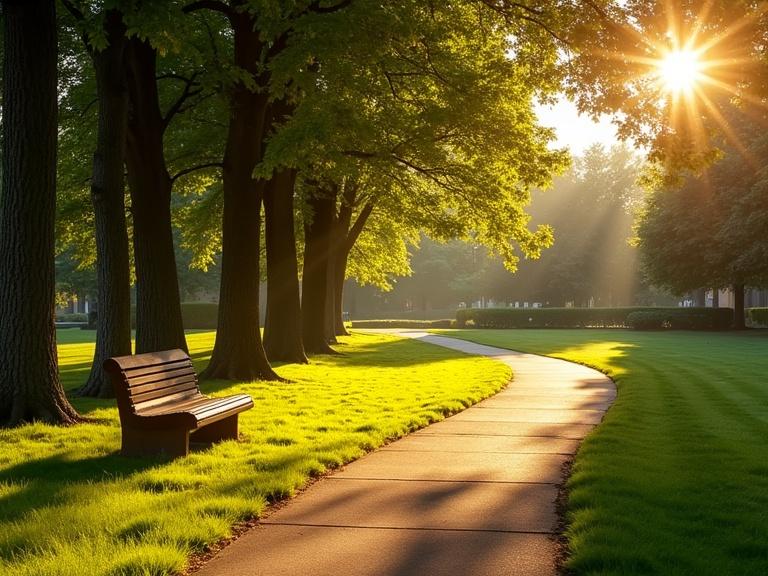 Ultra-realistic 8K image of a sunny park in affluent neighborhood of Stanford Connecticut during sunset. Peaceful and safe environment with lush well-maintained grass. Gleaming wooden benches and paved pathways lined with tall trees. Natural cinematic lighting filters through leaves creating light and shadow effects. Detailed textures of grass wood and tree bark. Vibrant warm colors dominate the scene.