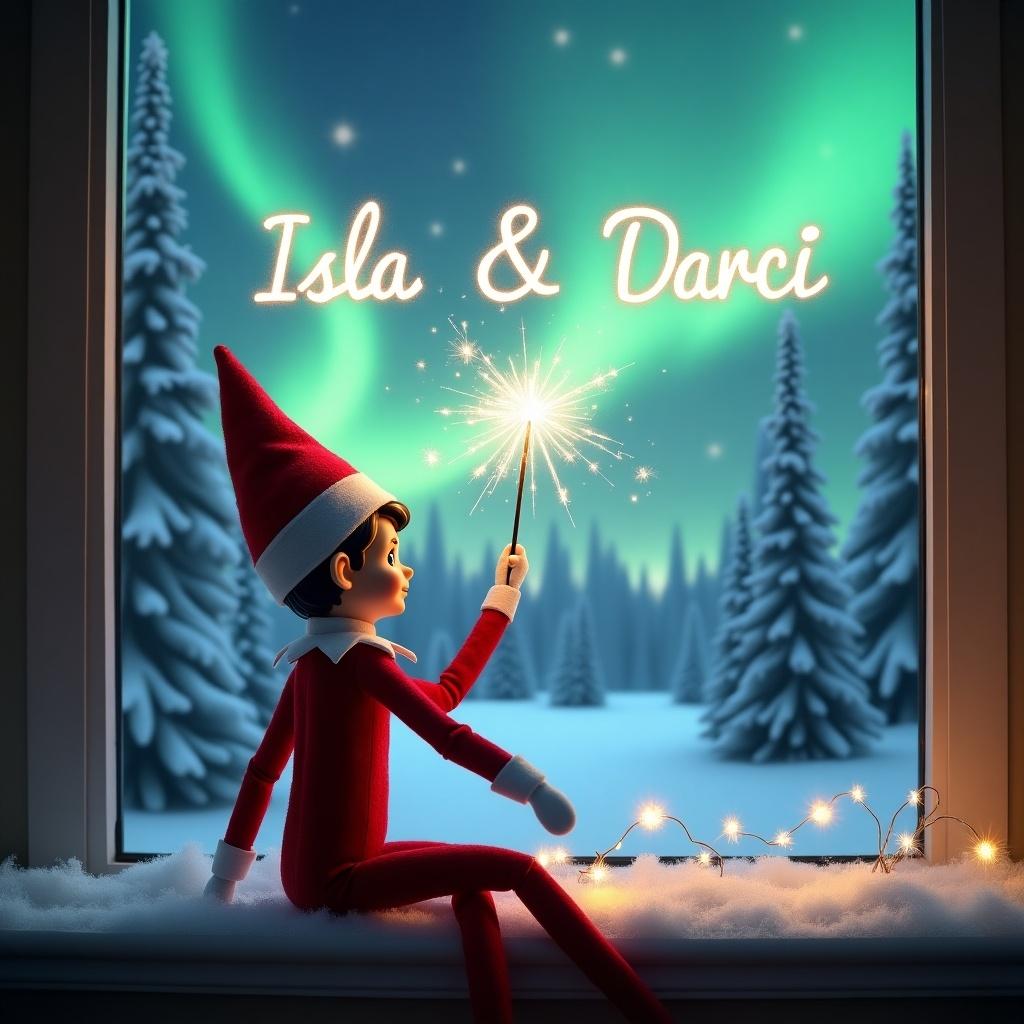 The image depicts an adorable elf on the shelf sitting on a window ledge. The elf is dressed in a classic red outfit and is facing away from the viewer. It looks up at a beautiful display of the northern lights in the sky. In one hand, the elf holds a magic wand, creating sparkling sparks that spell out the names Isla & Darci. The background features a winter wonderland with snow-covered pine trees, enhancing the festive holiday atmosphere.