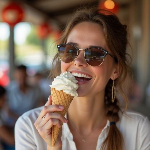 Lady enjoys an ice cream cone. Warm setting with bright natural light. Outdoor café ambiance. Ice cream is rich and creamy. Lady wears a casual white shirt. Hair is in a braid. Setting includes soft background blur. Summer vibe is present.