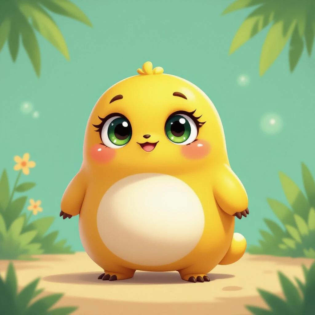 Character features a cute, chubby design. Body is round and yellow with a white belly patch. Large green eyes with prominent sclera and black pupils. Small mouth is curved. Short arms and legs with tiny claws. Stubby tail. Smooth texture gives a friendly appearance.