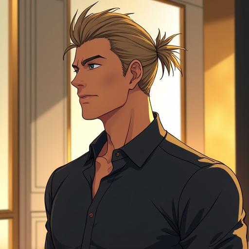 Anime character in a luxury store. Male, 28 years old, silver eyes. Short light brown spiky hair styled in a ponytail. Wearing an expensive polo shirt. Quarter Brazilian Saiyan and quarter French, quarter Japanese. 6'2 tall with 6 pack abs and muscular arms. Happy expression. Shopping in an Armani store in Tokyo during spring afternoon.