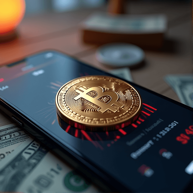 A Bitcoin rests on a phone displaying financial graphs, surrounded by US dollar bills and a glowing lamp.