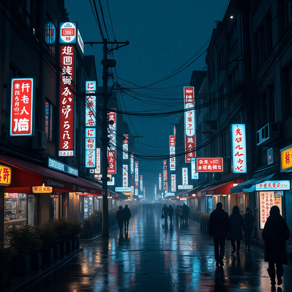 The image depicts a lively street scene in an urban area, likely in Tokyo, Japan. It is nighttime, and the street is lined with numerous brightly lit neon signs and advertisements, featuring an array of Japanese characters glowing in reds and blues. The signs are attached to the buildings that flank the street, and they illuminate the wet pavement below, suggesting that it has recently rained. Pedestrians, silhouetted against the glowing lights, walk down the street, some with umbrellas, adding a sense of movement and life to the scene. Overhead, there are power lines crisscrossing against the dark, cloudy sky, contributing to the urban atmosphere. The overall mood is vibrant and bustling, capturing the essence of a busy night in Tokyo.