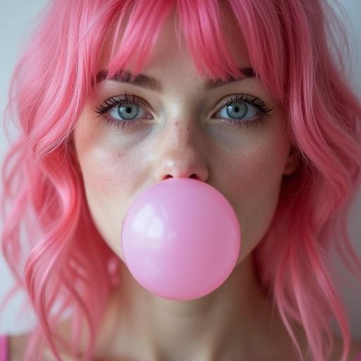 Close-up shot of a girl with pink hair blowing bubble gum. The girl has a youthful appearance. The bubble gum is pink. A playful and cute vibe is present. The image evokes a Japanese aesthetic.
