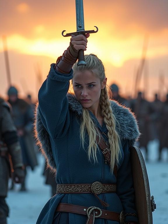 A Nordic warrior woman with long blonde hair wearing a blue coat raises a sword against a sunset. She holds a shield and is surrounded by soldiers in the background on ice. The scene illustrates bravery and preparation for battle.
