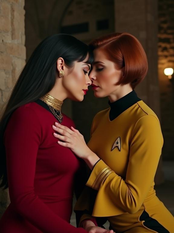 Photograph of two women in a sci-fi setting. Medieval interior with stone walls. One woman is a Vulcan in red uniform. Other woman in gold uniform. Close, intimate posture. Warm lighting enhances mood.