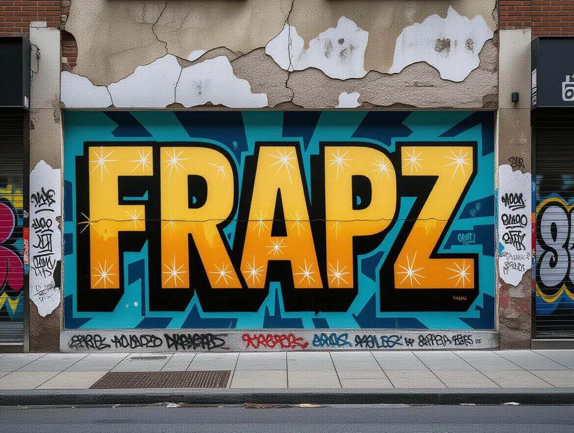 A vibrant mural featuring the word 'FRAPZ'. The mural is painted in bright colors against a weathered building. The backdrop shows signs of urban decay with cracks and graffiti.