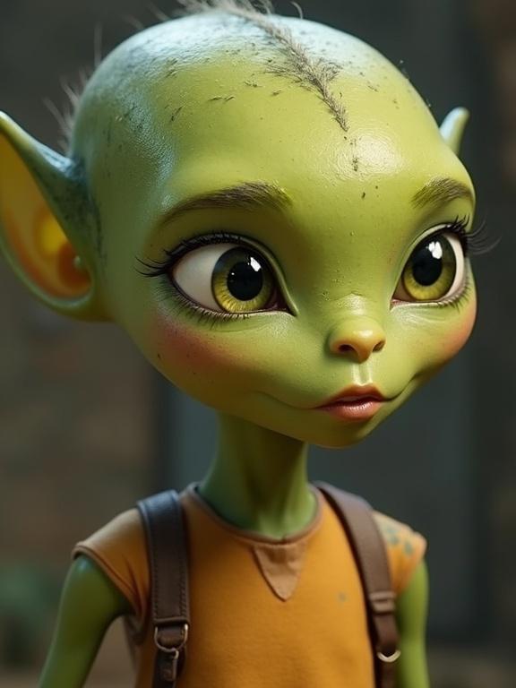 Humanoid alien character with green skin and big eyes. Cartoonish style. Close-up portrait. Wearing an orange shirt and showing subtle expressions.