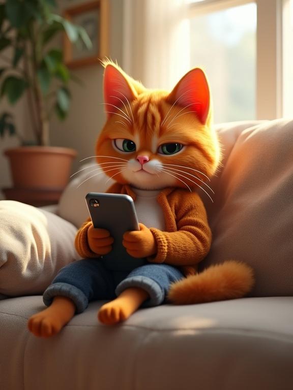 3D Pixar-style anthropomorphic orange tabby cat in casual clothes. Cat is sitting on a cozy living room couch. Cat is scrolling phone with a bored expression. Ambient daylight from window creates soft light. Pillows in the background are messy. Background is soft-focused. Cat has stylized realistic fur. Subject is centered.