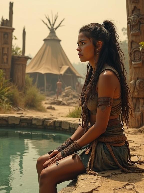 A young woman with a rugged yet serene appearance sits by a cracked pool in a post-apocalyptic world. Her tribal-inspired clothing consists of leather and feathers. The murky pool is surrounded by dilapidated structures. Makeshift tents and wooden totems are in the background. The sky is dusty and orange. She gazes into the distance, reflecting strength and calmness.