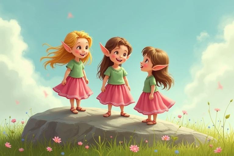 Three little elf girls stand on a rock. The rock is in a field of flowers. A strong wind blows. They are laughing together. They wear pink skirts and light green tops.