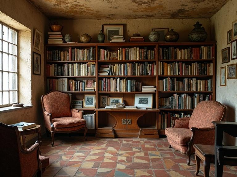 Small library in a small Mexican town during the 1960s. Dim lighting with many books on shelves. Features a cozy sitting area with armchairs and photographs on the walls.