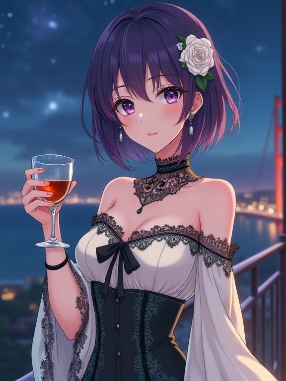 Anime-style woman with short dark violet hair styled in soft bob. Adorned with white rose and green leaves on right side. Striking dark violet eyes and gentle smile. Wearing off-the-shoulder blouse with wide translucent sleeves. High dark choker-style collar ties with delicate black bow. Black lace or embroidery with floral and vine patterns. Holding stemmed glass with amber beverage. Delicate black bracelet on wrist. Standing on balcony of seaside hotel in Sakai, Osaka with illuminated Akashi Kaikyo Bridge and Milky Way sky.