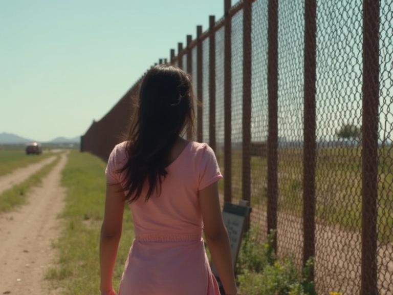 Young woman walks near a large border wall on a dirt road. The landscape includes grass and distant mountains. Focus on the woman's back as she moves away from the viewer. Bright sunlight enhances the scene.