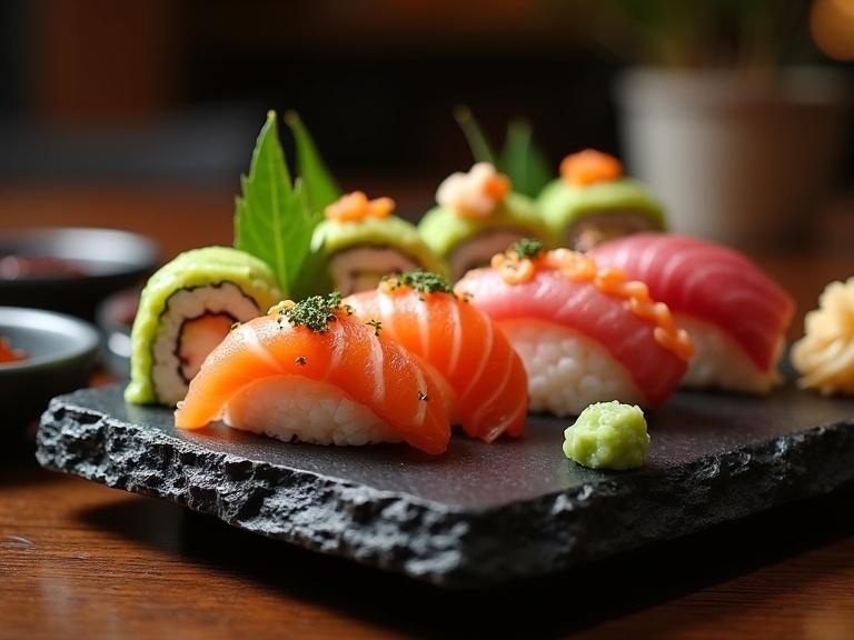 Luxurious plate of assorted sushi with salmon tuna avocado rolls with soy sauce pickled ginger wasabi on black stone tray with cinematic lighting in premium restaurant setting
