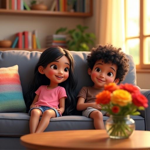 Disney style illustration of two kids relaxing on a couch. A young girl with long black hair wearing a pink shirt and blue shorts and a boy with curly black hair wearing a brown t-shirt and gray shorts. They sit in a cozy living room decorated with colorful artwork and shelves of books. Sunlight streams through the window. A vase of flowers is on the coffee table.