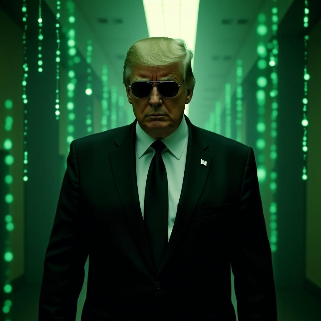 The image features a figure resembling Donald Trump, styled as a Matrix agent. Dressed in a sleek black suit with sunglasses, the figure stands confidently in a dimly lit corridor. The background is filled with cascading green digital code, reminiscent of the iconic Matrix aesthetic. The overall mood is both dramatic and cinematic, reflecting themes of power and control. This portrayal blends political imagery with elements of science fiction, invoking curiosity and conversation.