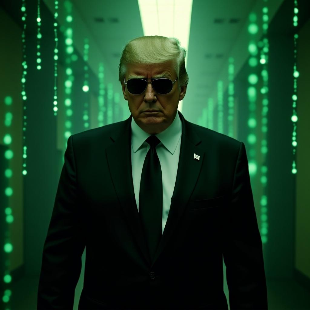 The image features a figure resembling Donald Trump, styled as a Matrix agent. Dressed in a sleek black suit with sunglasses, the figure stands confidently in a dimly lit corridor. The background is filled with cascading green digital code, reminiscent of the iconic Matrix aesthetic. The overall mood is both dramatic and cinematic, reflecting themes of power and control. This portrayal blends political imagery with elements of science fiction, invoking curiosity and conversation.