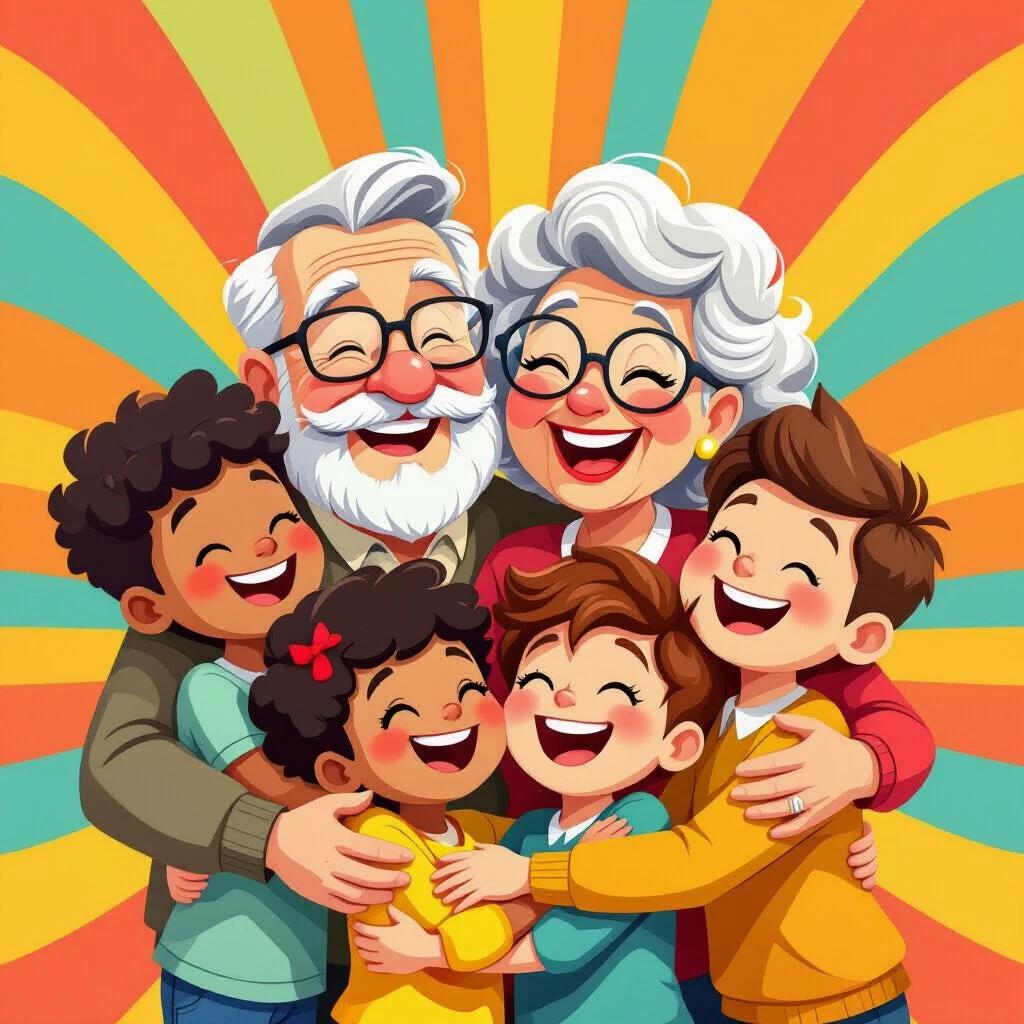 Heartwarming cartoon-style family portrait with grandparents hugging grandchildren. Group includes cheerful elderly man with glasses and white mustache, happy elderly woman with curly gray hair and glasses. Four diverse energetic kids hugging tightly and laughing. Background is colorful with retro wave pattern in bright colors. Art style is cute, Pixar-like, and very expressive.