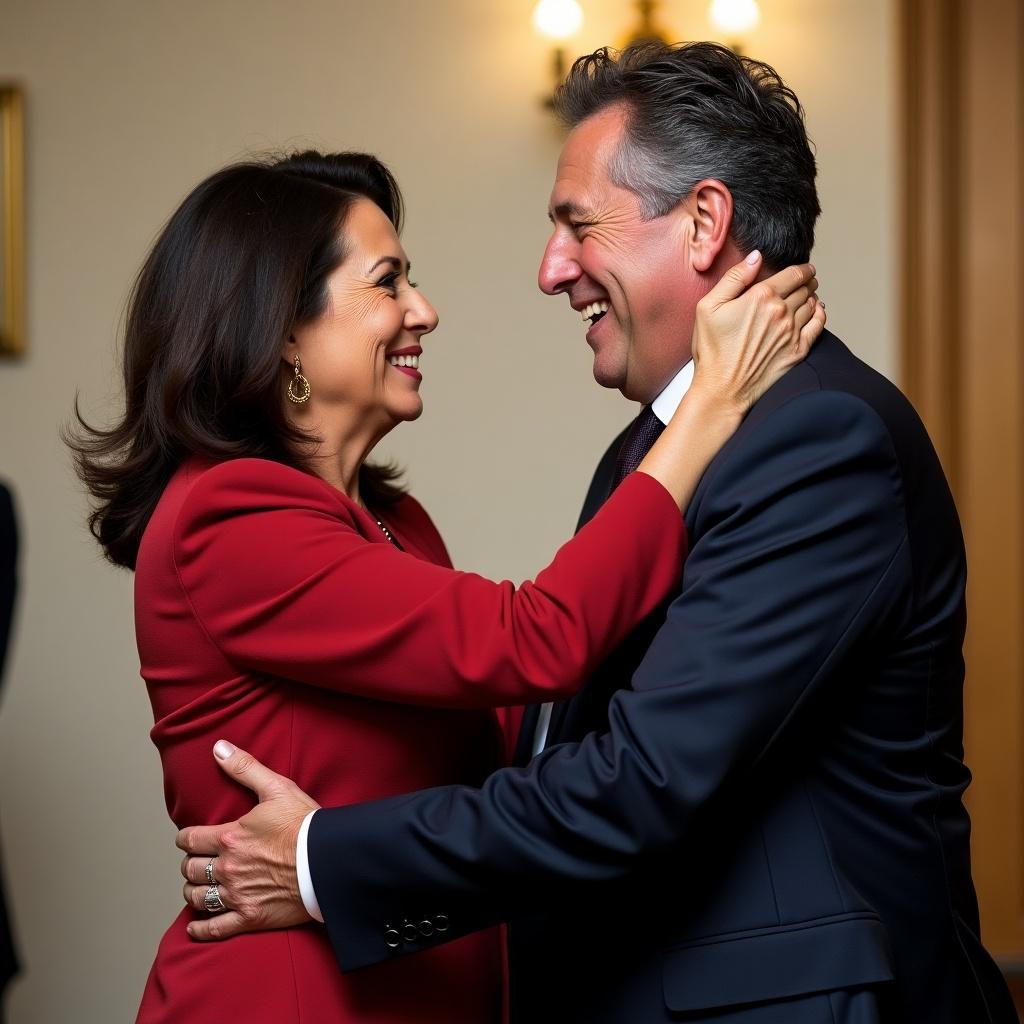 Cristina Kirchner and Mauricio Macri smile and embrace each other in a joyful moment.