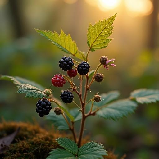 Cinematic macro photograph of wild blackberries on a plant. Focus on berries' structure in soft sunlight during golden hour. Emphasis on texture and ripeness of fruits. Natural forest background with hints of moss and leaves. Include dewdrops and glowing highlights. Intimate low angle shot for immersive effect.